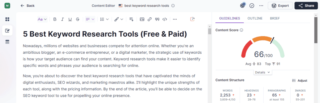 Surfer SEO Content Example with Score