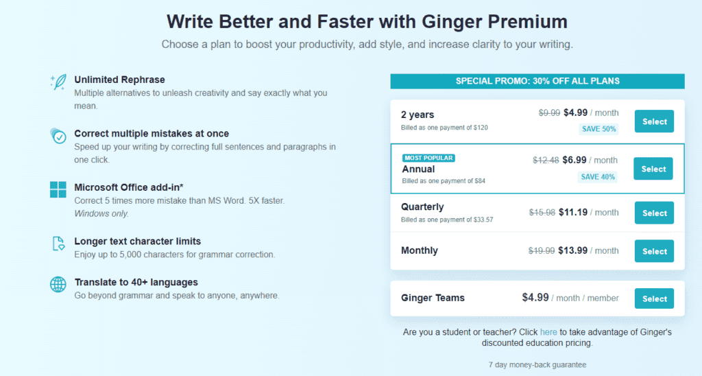 Ginger Upgrade - Choosing Your Plan on Ginger Software