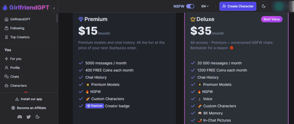 GirlfriendGPT Pricing