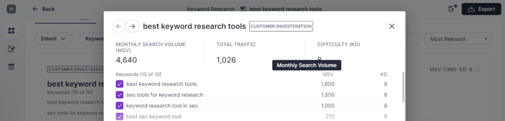 Surfer Keyword Research Example - Best keyword research tools
