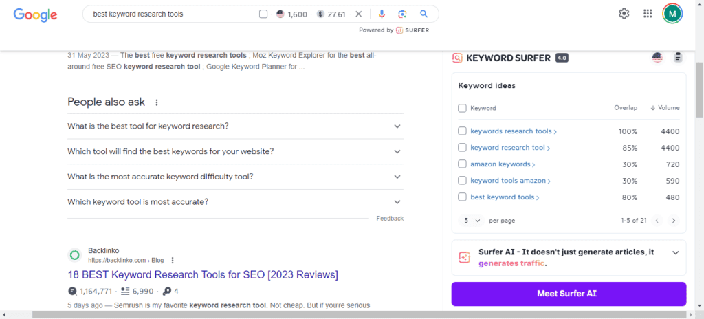 Keyword Surfer Extension - at work