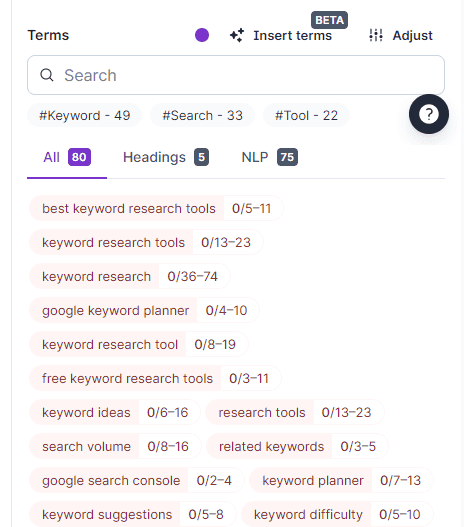 Insert terms Surfer SEO
