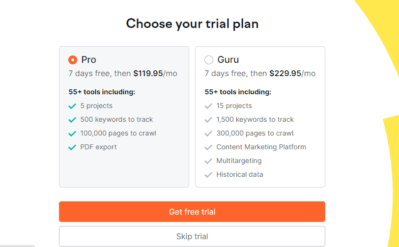 Semrush - choose trial plan