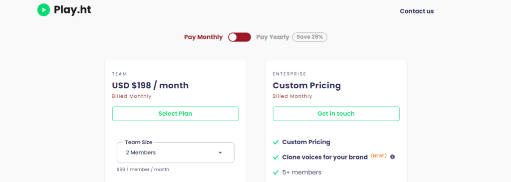 Play.ht Team and Enterprise Pricing