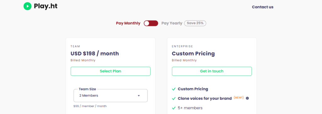 Play.ht 团队和企业定价