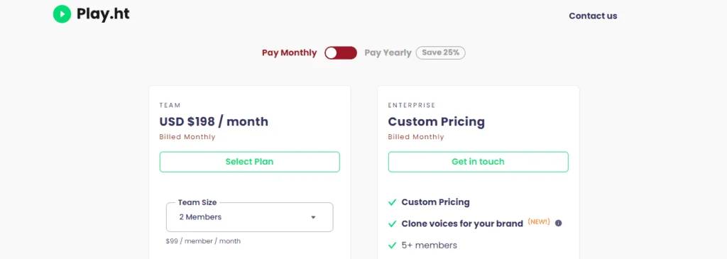 Play.ht Team and Enterprise Pricing