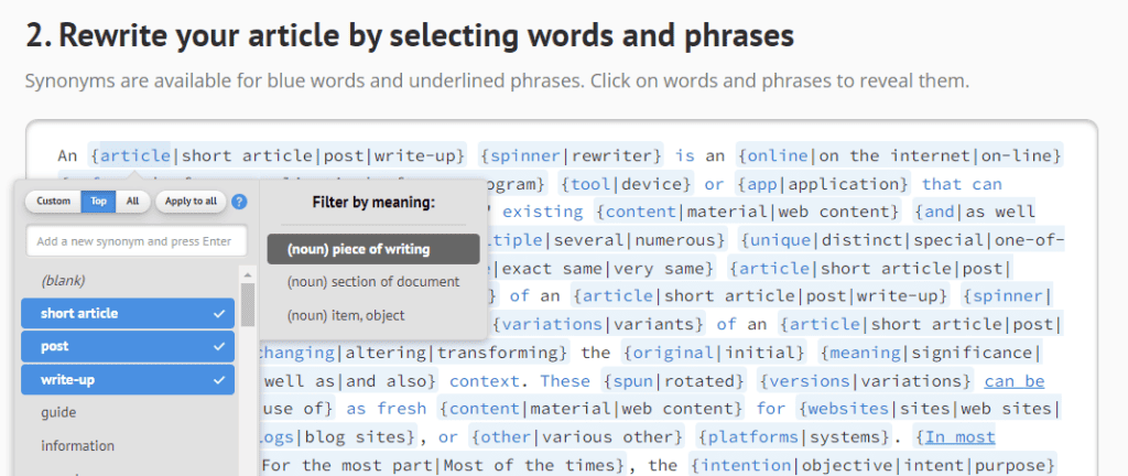 Spin Rewriter Synonyms for a Selected Word