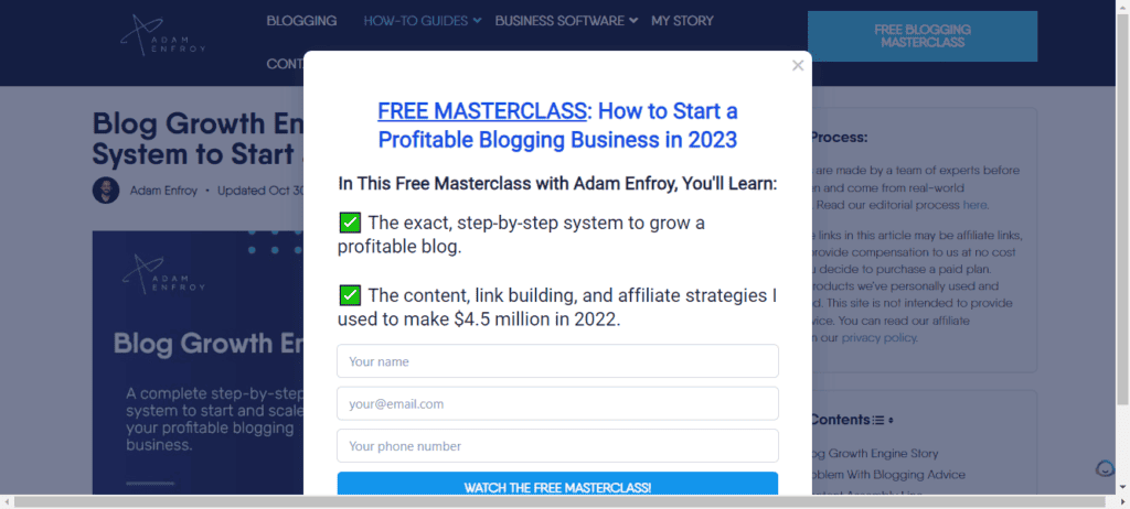 Email List Building - Adam Enfroy Pop-up Example