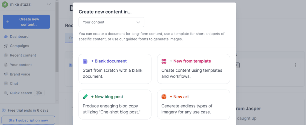 Jasper AI - Create New Content