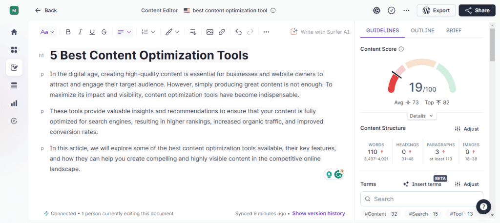 Surfer SEO Content Editor Page with Score