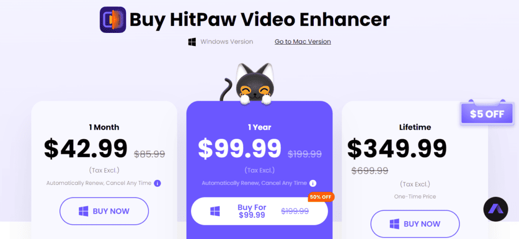 HitPaw Video Enhancer Pricing for Windows