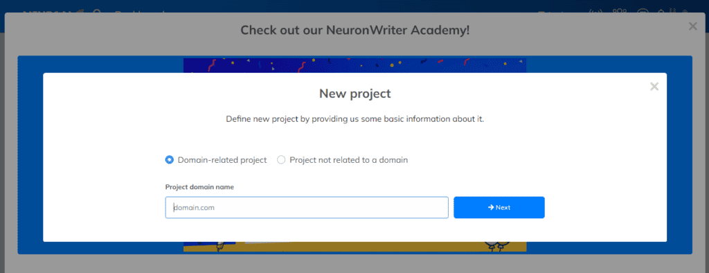 NeuronWriter New Project