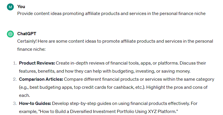 ChatGPT-inhoudsideeën - affiliate niche voor persoonlijke financiën