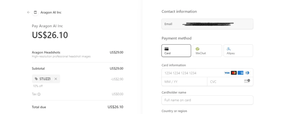 Aragon AI Stripe Checkout – Aktionscode angewendet