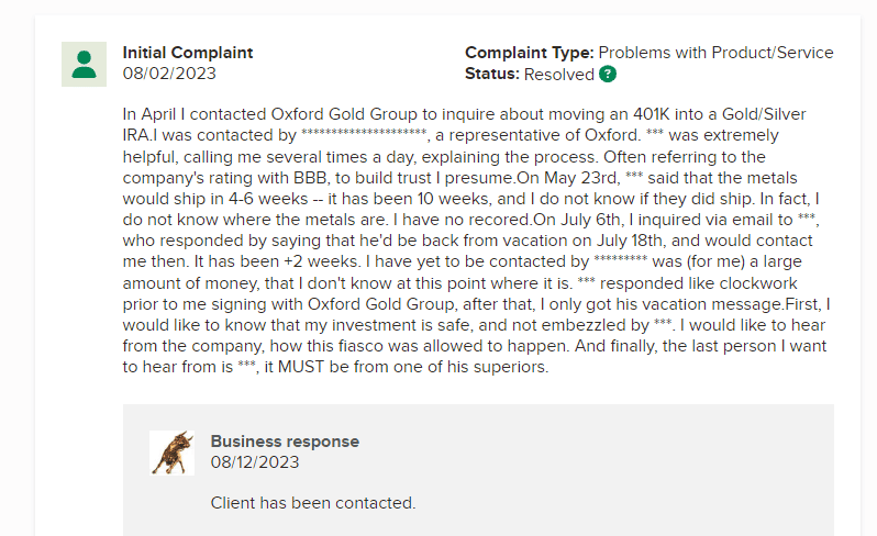Oxford Gold Group BBB Complaint